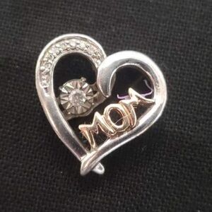 925 10K ZEI - Two toned “Mom” Heart Pendant with swinging diamond